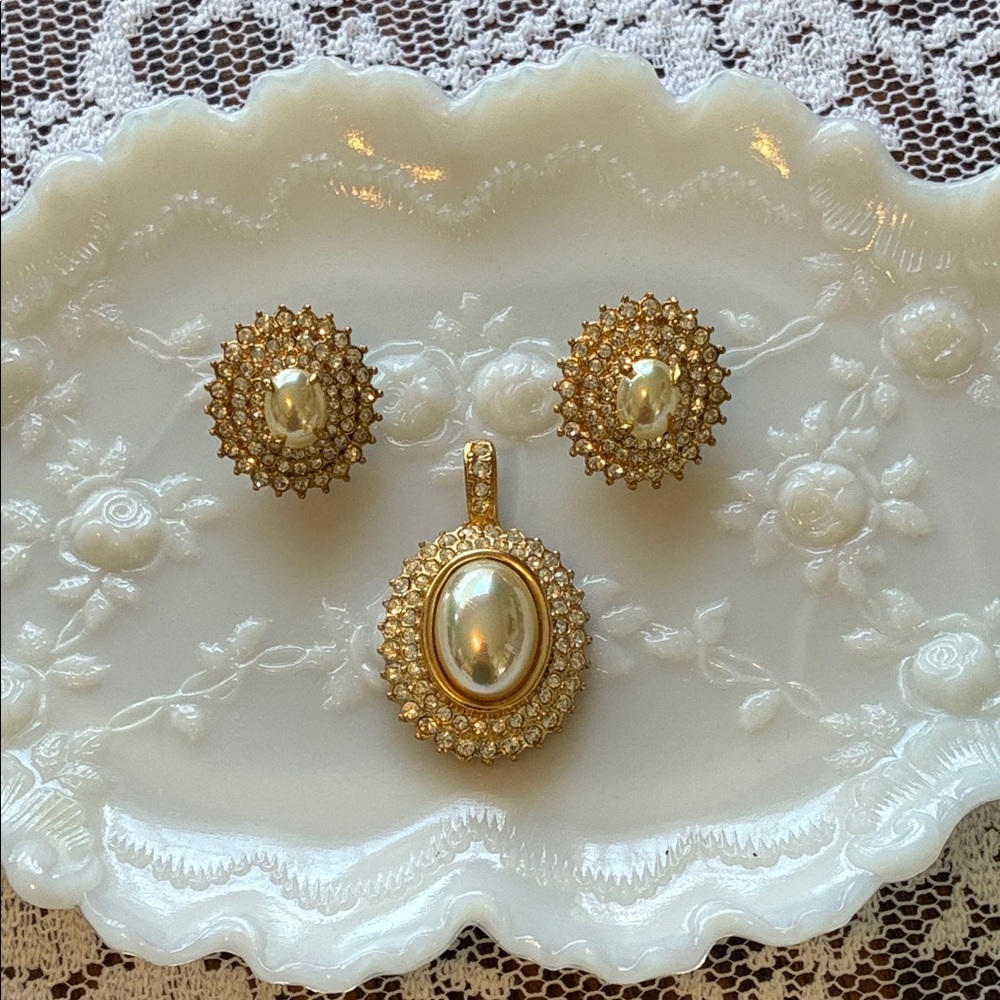 Vintage Roman Faux Pearl and Pave Pendant and Earrings
